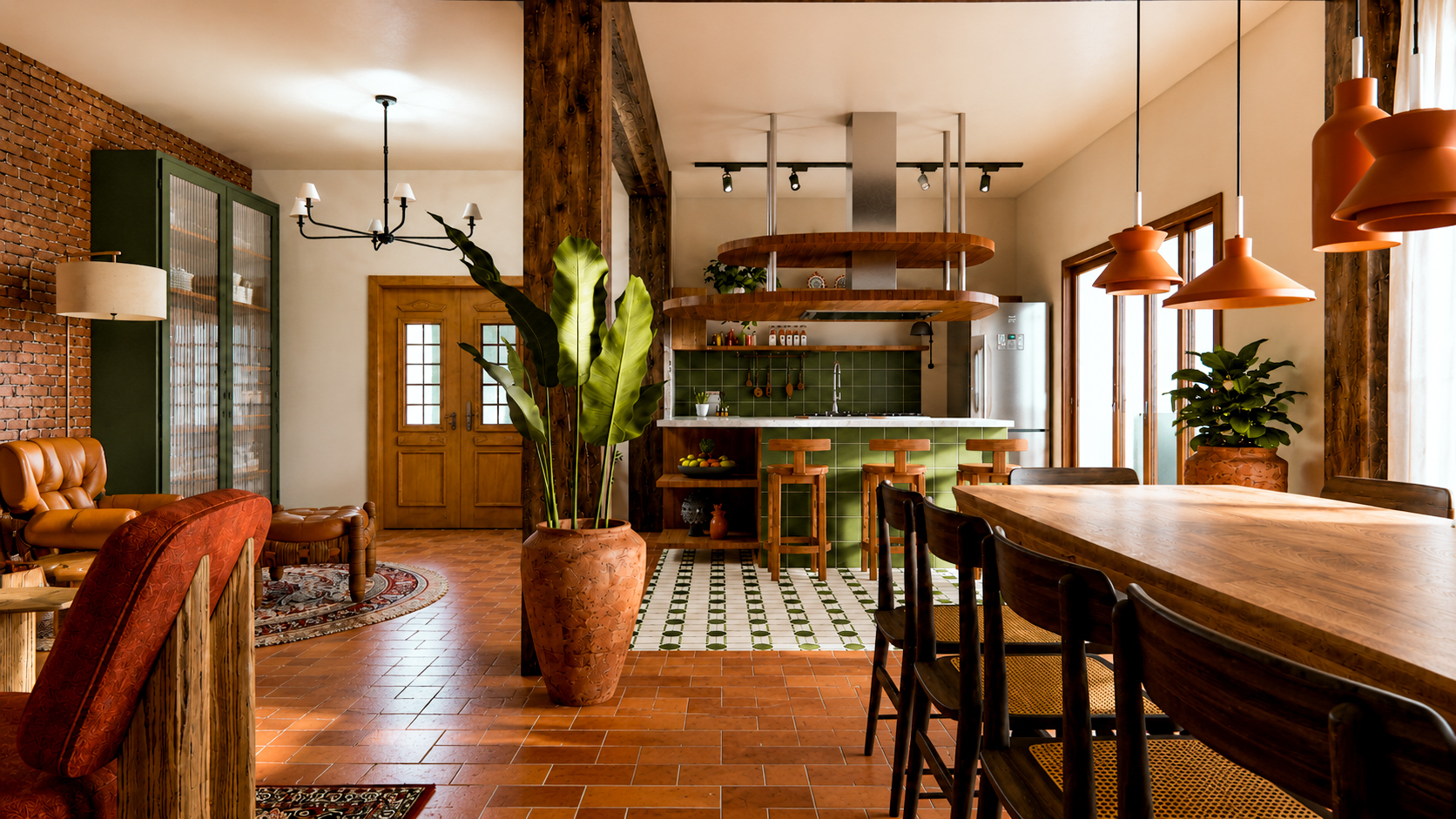 Casa Pedreira — cozinha integrada à sala de estar e jantar, com tijolo aparente, marcenaria e ladrilho hidráulico, Tiradentes