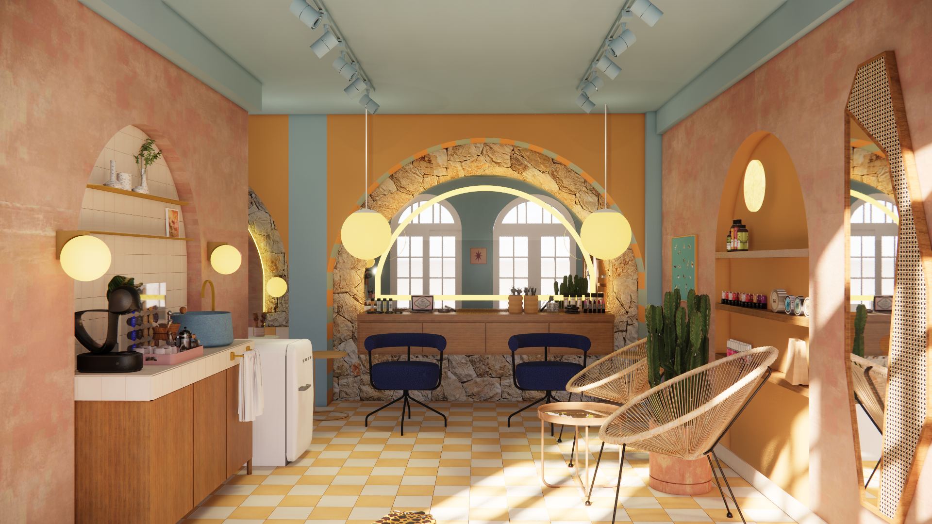 Copa com bancada, geladeira e poltronas de fibra