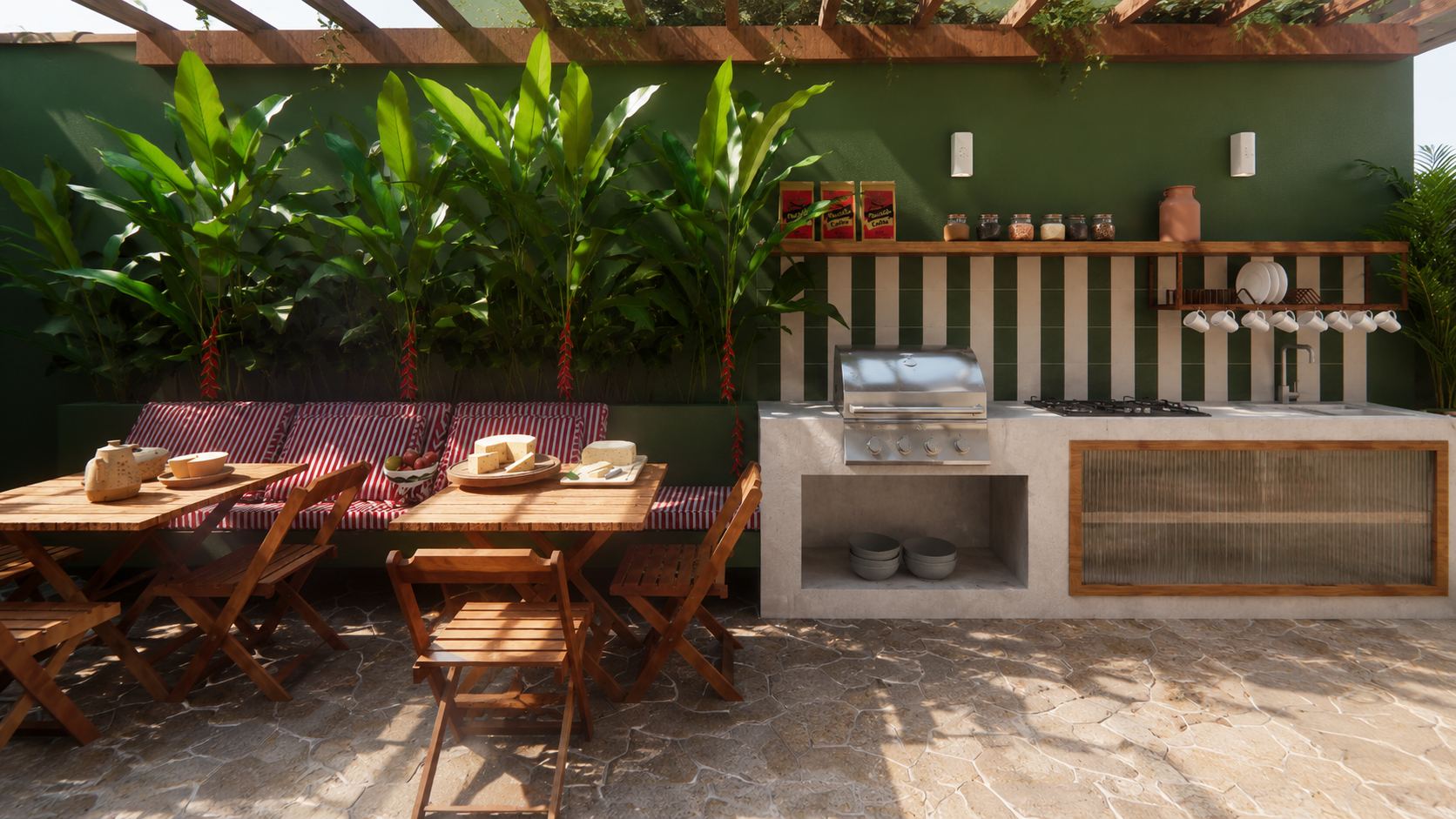 Área externa com cozinha gourmet e mesa de refeições