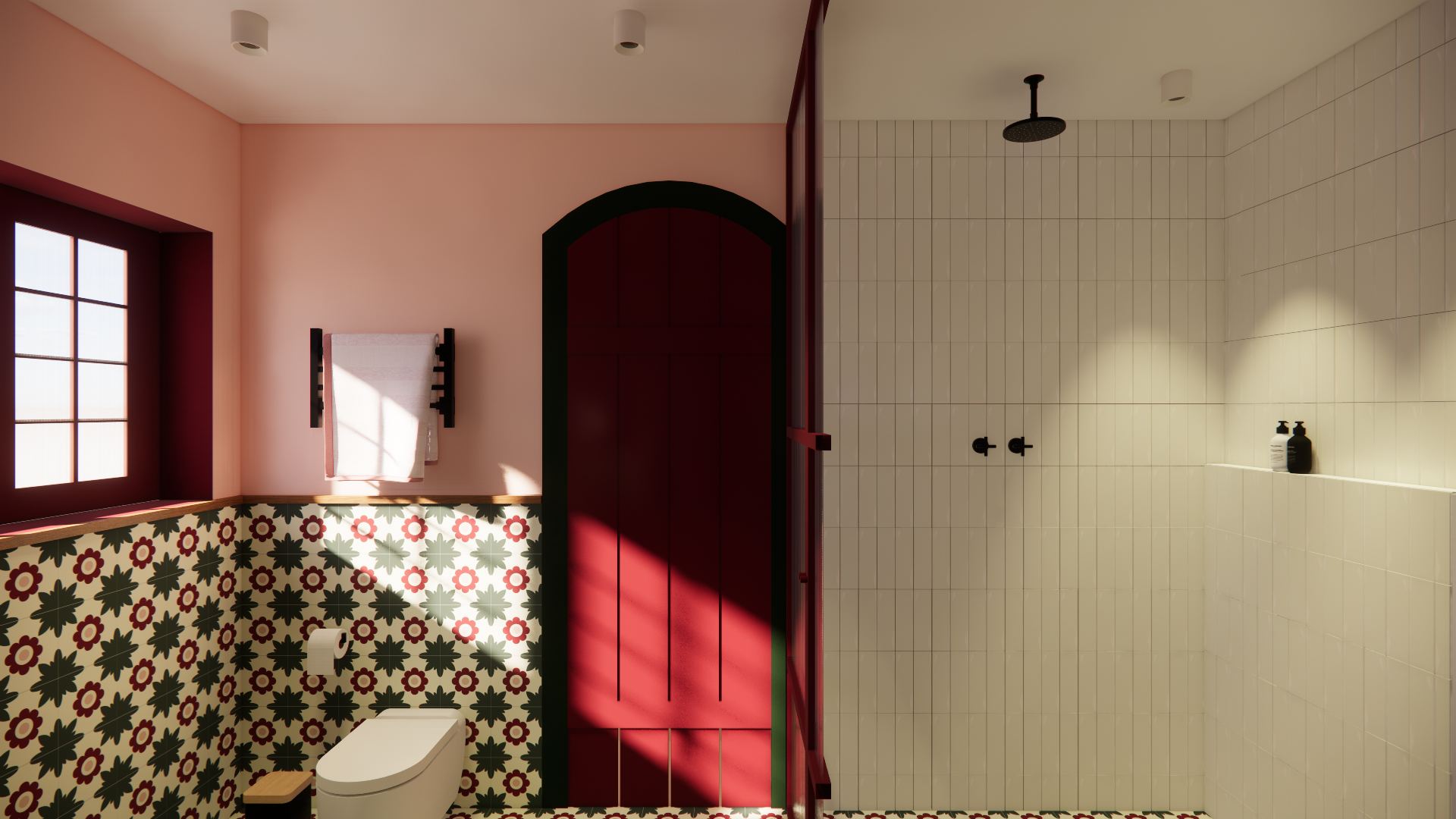 Banheiro com porta vermelha e ladrilho floral