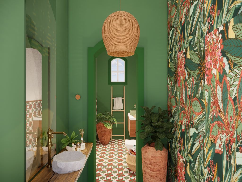 Corredor verde com papel de parede floral