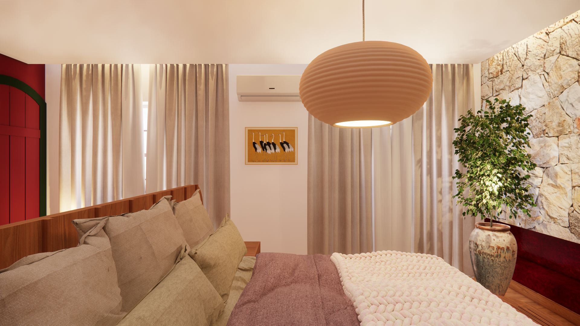 Suíte 1 — vista da cama para a janela com cortinas