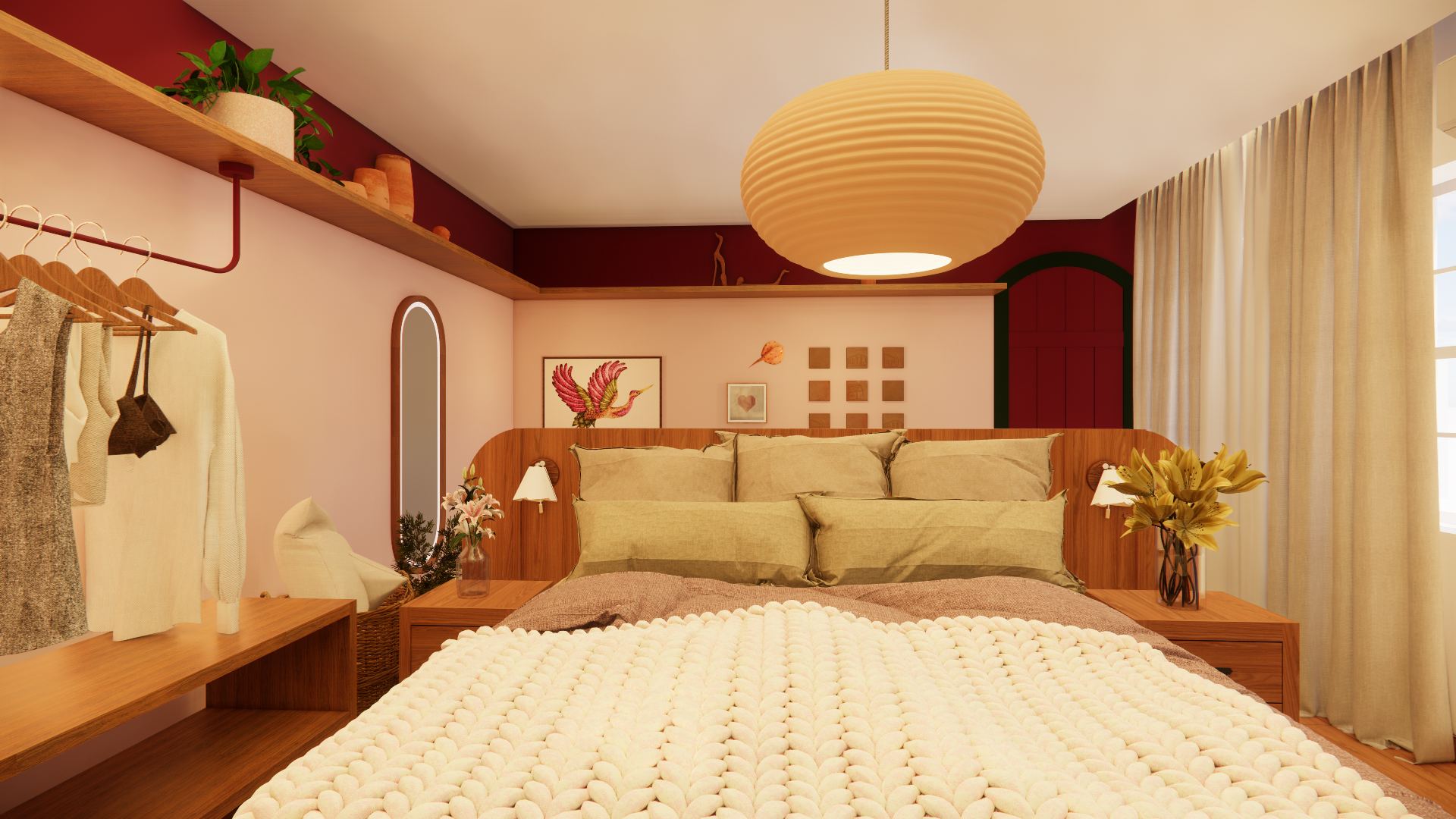 Suíte 1 — quarto com parede bordô e cabeceira em madeira